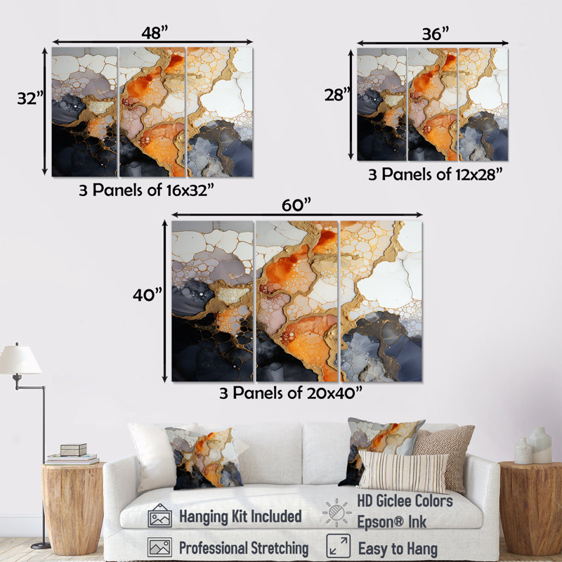 «Slab Structures» - ensemble d'art mural en marbre orange, blanc et noir, H 28 po x l 36 po x P 1 po, Toile tendue