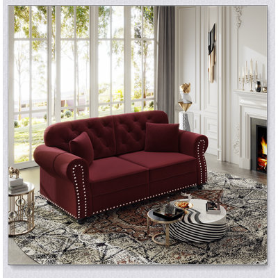 Canapé de 160 cm en velours avec garniture cloutée, accoudoirs arrondis et capitonnage à boutons, comprenant 2 coussins pour un décor moderne du milieu du siècle