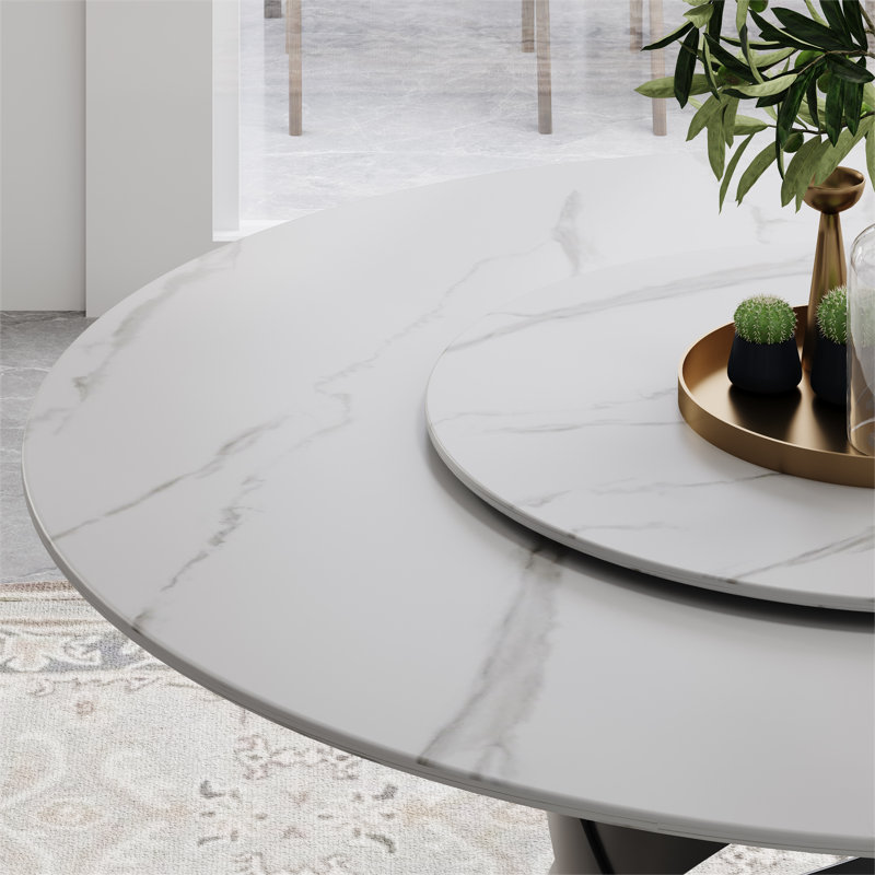 Maxwell 5/7 Pieces Modern Round Dining Table Sets, Glossy Sintered Stone Dining Table With PU Upholstered Chairs, Pre-Assembly