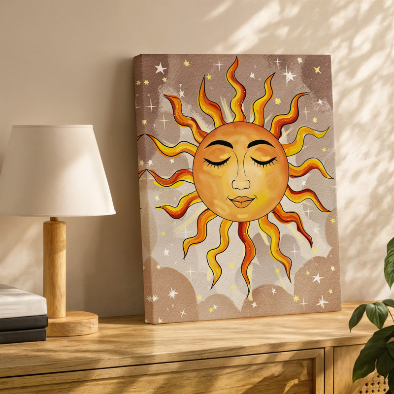 Toile, une illustration stylisée du soleil centrée sur un fond d'art texturé beige chaleureux avec un visage serein avec des yeux fermés et une toile d'art murale