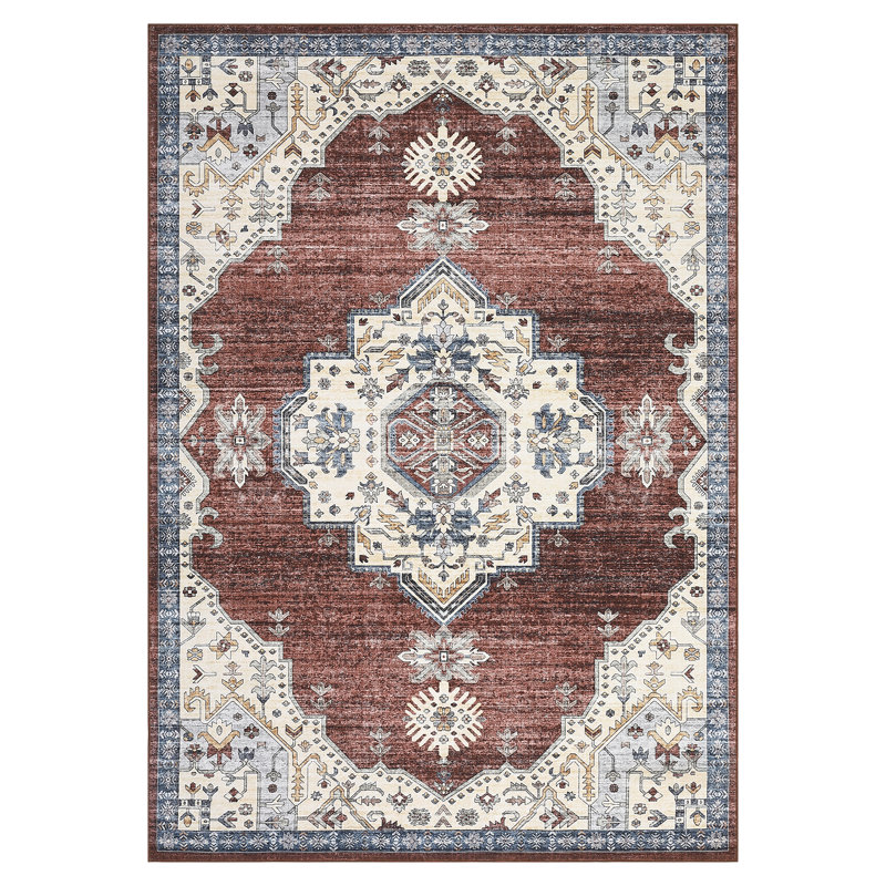 Machine Washable Rug Vintage Distressed Rug Non Slip Rug Retro Medallion Foldable Rugs for Bedroom Living Room Dining Room Nursery Playroom
