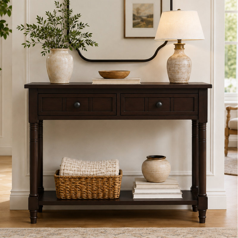 Console Table Traditional Design with Two Drawers and Bottom Shelf, Espresso
