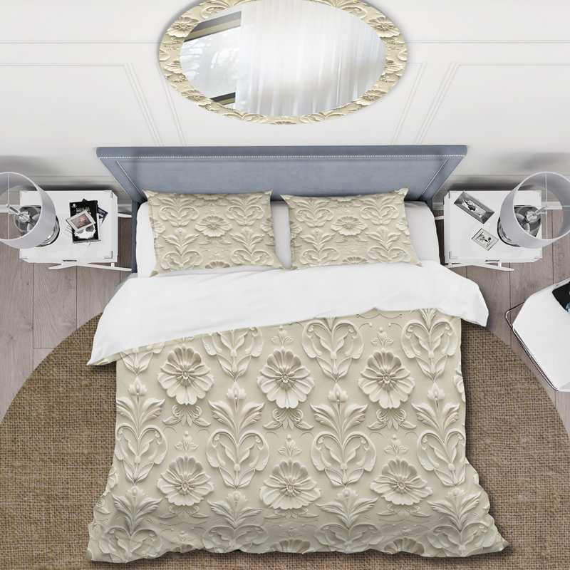 Ensemble de housse de couette Beige White Floral Mosaic I - Traditional, Housse de couette très grand et 2 très grandes t