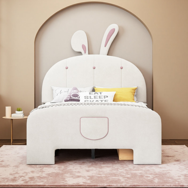 Velvet Platform Bed With Rabbit-Shaped Headboard, With Drawers, With Bed-End Storage Pocket, Beige, Full
