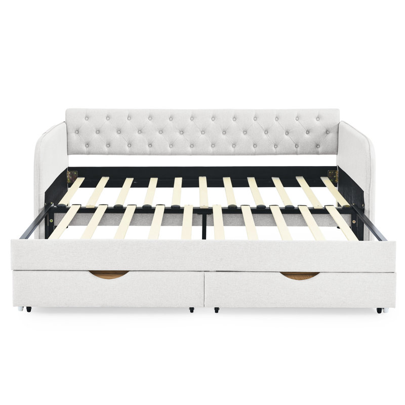Linen Beige Daybed With Trundle And Storage Options, Modern For Living Room, Space, Classic Room Area,