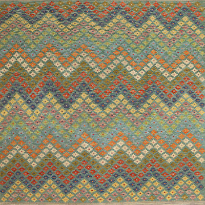 Tapis contemporain rouge / orange / bleu