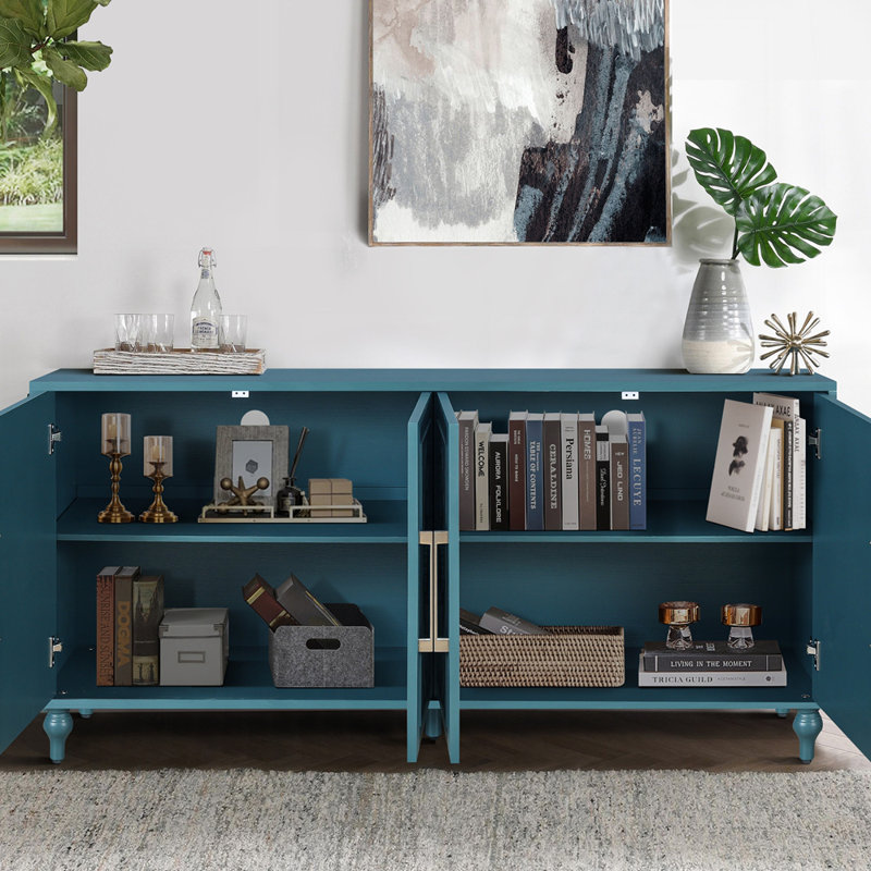 Storage Cabinet With Metal Handle, Modern Sideboard With Adjustable Shelves, Midnight Teal