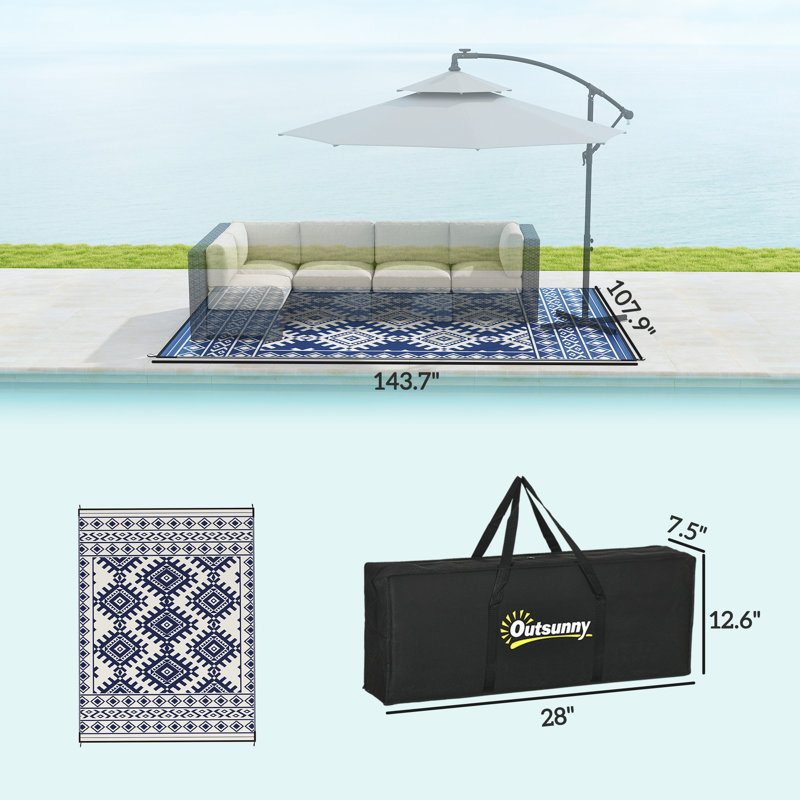 Reversible Outdoor Rug, 9' x 12' Waterproof Plastic Straw Floor Mat, Portable RV Camping Area Rug, Large Floor Mat for Backyard, Deck, Picnic, Beach, Blue & White Rhombus Border