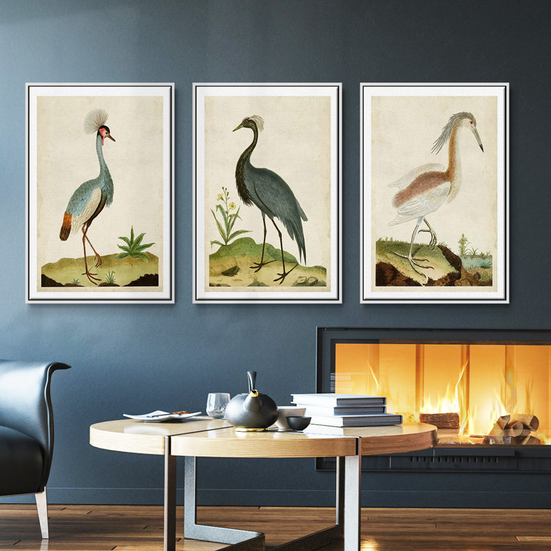 Heron Portrait I, ensemble de 3 toiles encadrées, H 40 po x l 78 po, Cadre blanc