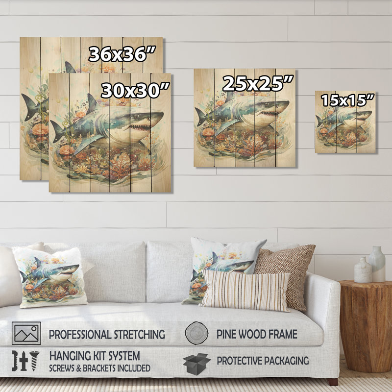 Curious Shark Ocean Blooms I - Shark On Wood Print, 15" H x 15" W