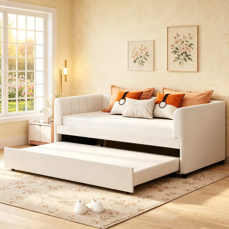 Lit de jour simple tapissier avec lit gigogne, lit plateforme, beige , Blanc
