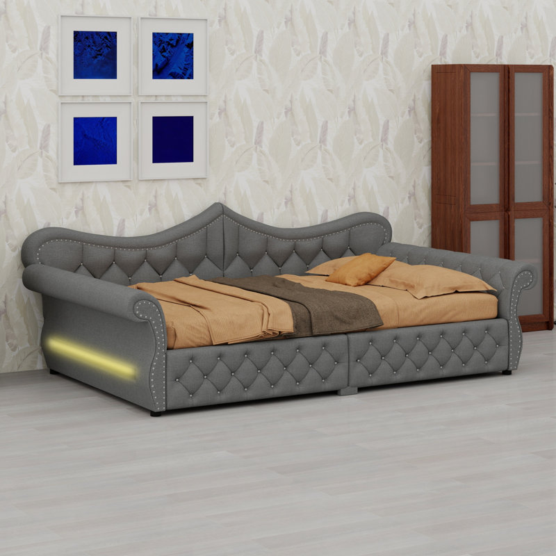 Upholstered Daybed with LED  and Nail Head Decoration, Gray
