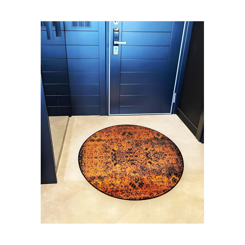 Woven Base Modern Decorative Carpet With Antique Pattern Details In Orange And Black Tones, Round 3'4"
