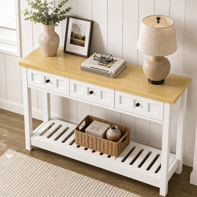 Console moderne DynJest de 119 cm (47 po) à 3 tiroirs avec tablette inférieure, style rustique moderne, blanc crème