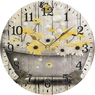 Horloge murale de salle de bain en forme de marguerite rétro en bois JUNZAN