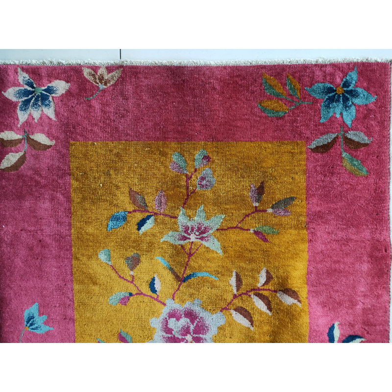 Small Scatter Size Yellow Color Antique Chinese Deco Throw Rug