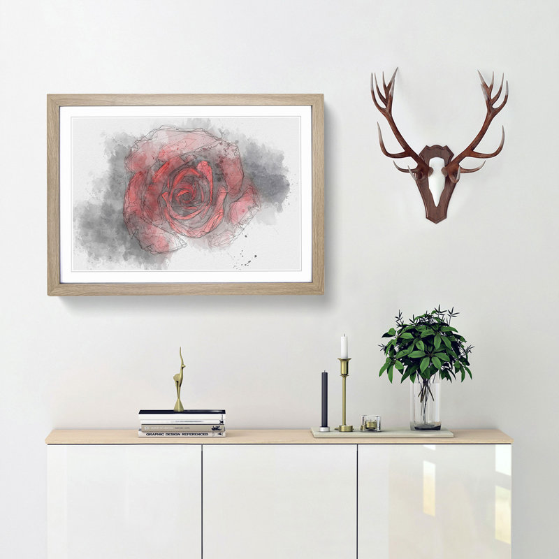 Red Rose in the Shadows in Abstract - Picture Frame Graphic Art Print, 27cm H x 36cm W x 2cm D, Oak Framed