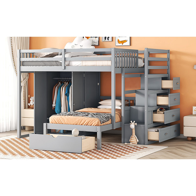 Lit superposé avec garde-robe, tiroirs, Gris