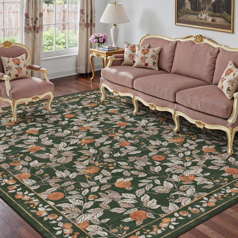 Aurelle Elegant Vintage Pomegranate Area Rug in Dark Green, Rectangle 6' x 9'