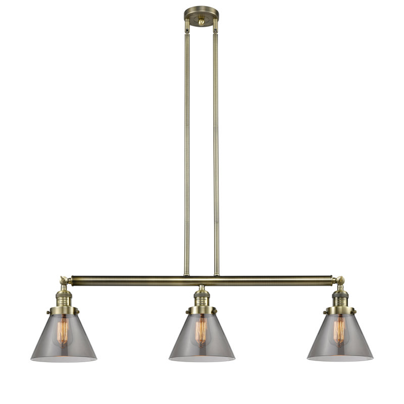 Cone 3 Light Stem Hung Island Light, No, Antique Brass, Plated Smoke