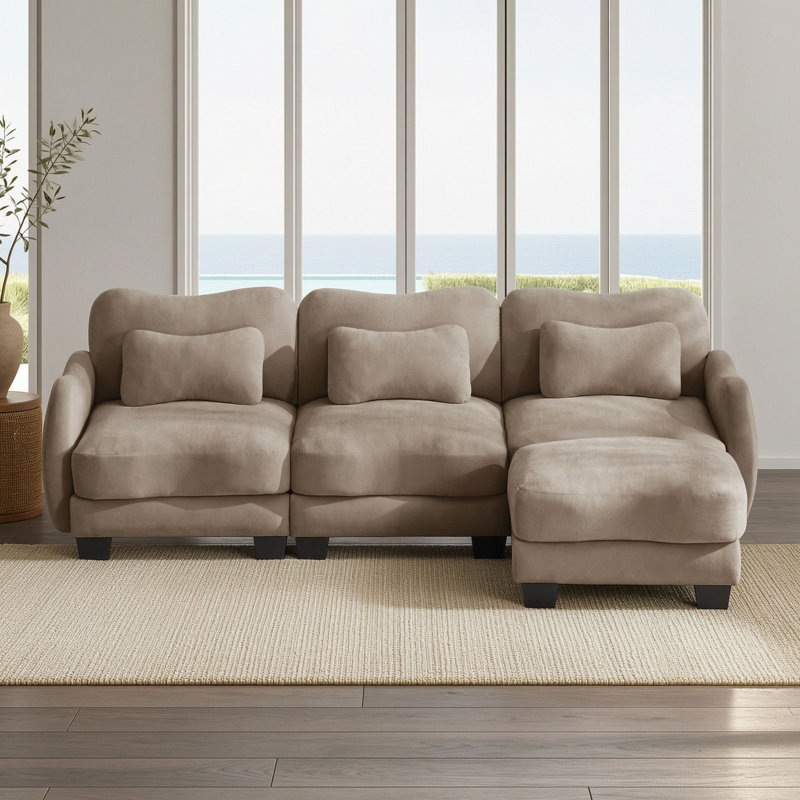 Canapé d'angle trois places en chenille avec pouf amovible et coussins lombaires, Café