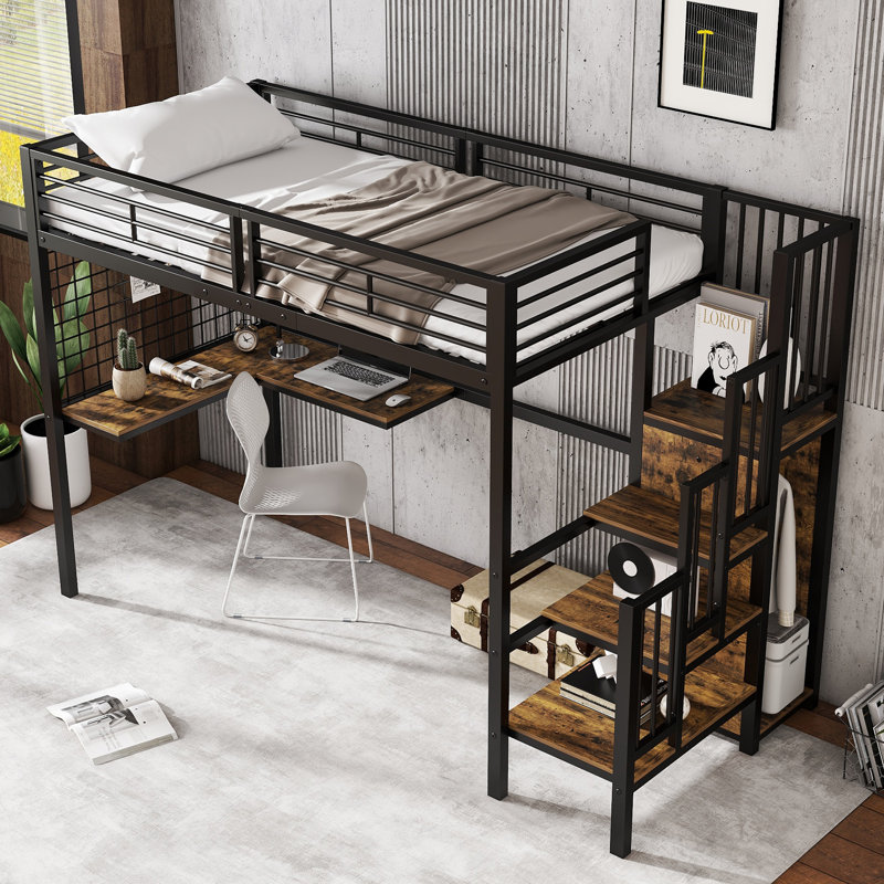 Loft Bed Frame with Storage Included with Built-in Ladder Included with Desk Included, Black