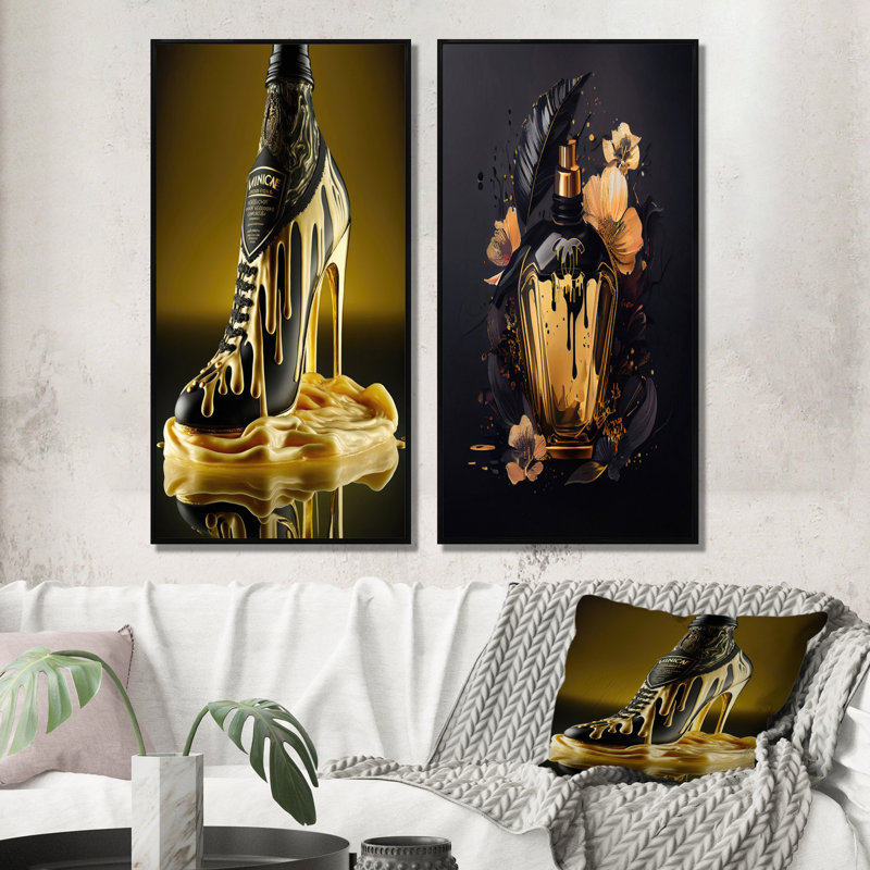 «Golden High Heels Irish Cream», 2 pièces sur toile, H 40 po x l 40 po, Cadre noir