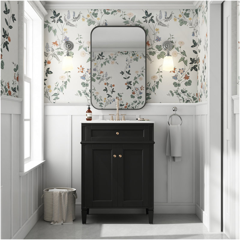 Meuble-lavabo 24 po avec 2 portes et tiroir escamotable, armoire de rangement de salle de bain avec lavabo, portes à fermeture en douceur avec organisateurs