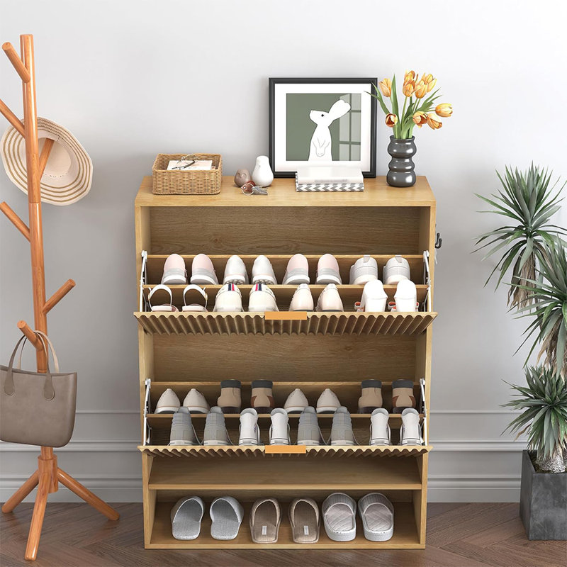 Fluted Shoe Cabinet for Entryway, Narrow Freestanding Shoe Storage with 2 Flip Drawers, Bottom Open Shelf and Side Hooks for Foyer or Hallway