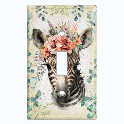Metal Light Switch Plate Outlet Cover (Zebra Animal Flower Head Wreath - Single Toggle)