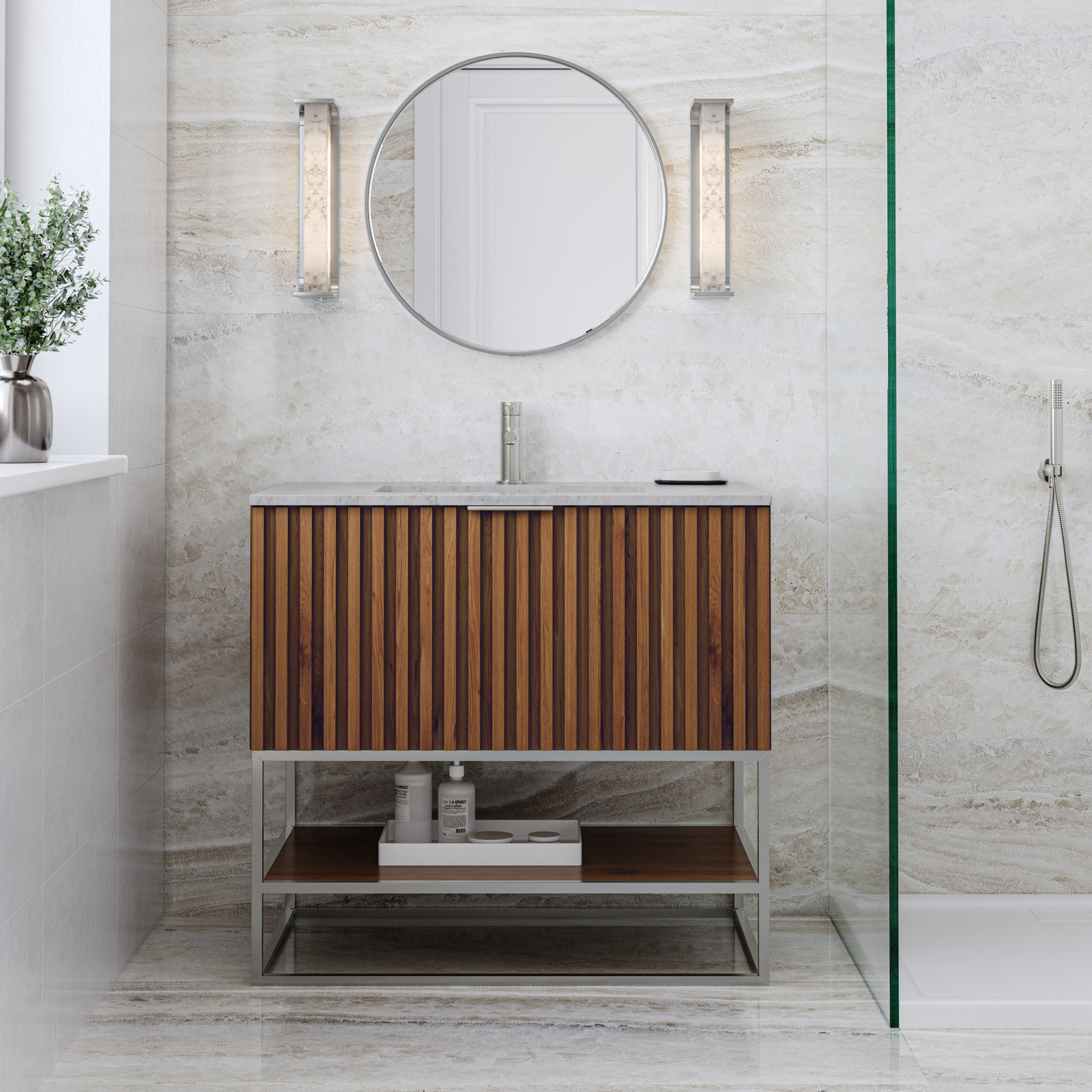 Terra 36'' Single Bathroom Vanity, Carrara Marble/Single Faucet Mount, Walnut, Brushed Nickel