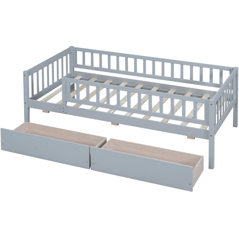 Lit de jour simple gris avec deux tiroirs - Structure en bois massif et tiroirs de lit simple supplémentaire, option de maximisation de l'espace de cadre