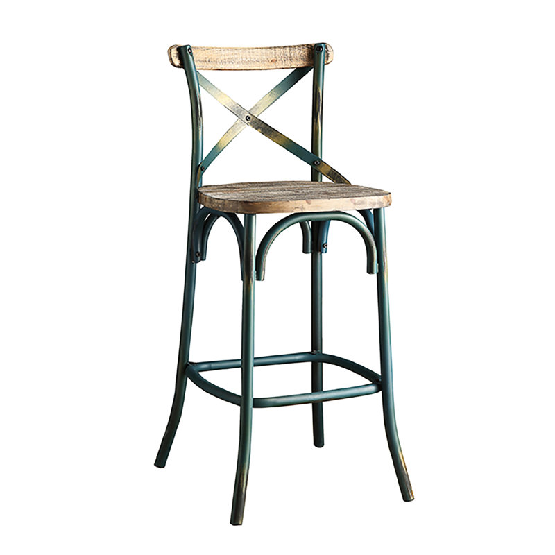 Tabouret de bar à dossier croisé turquoise antique et chêne antique