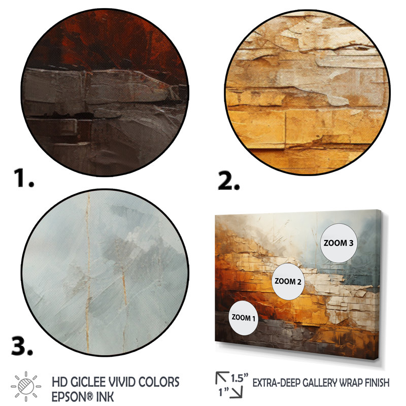 Grey And Orange Geological Wonders - Abstract Collages Canvas Art Print, Cadre flottant doré, H 34 po x l 44 po x P 1,5 po