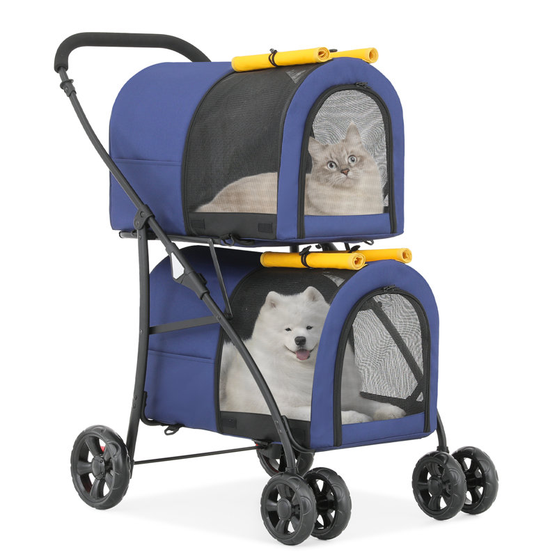 Foldable Pet Stroller with Double Detachable Carriers, Folding Dog Cat Jogger Stroller with Tether, Blue/Yellow