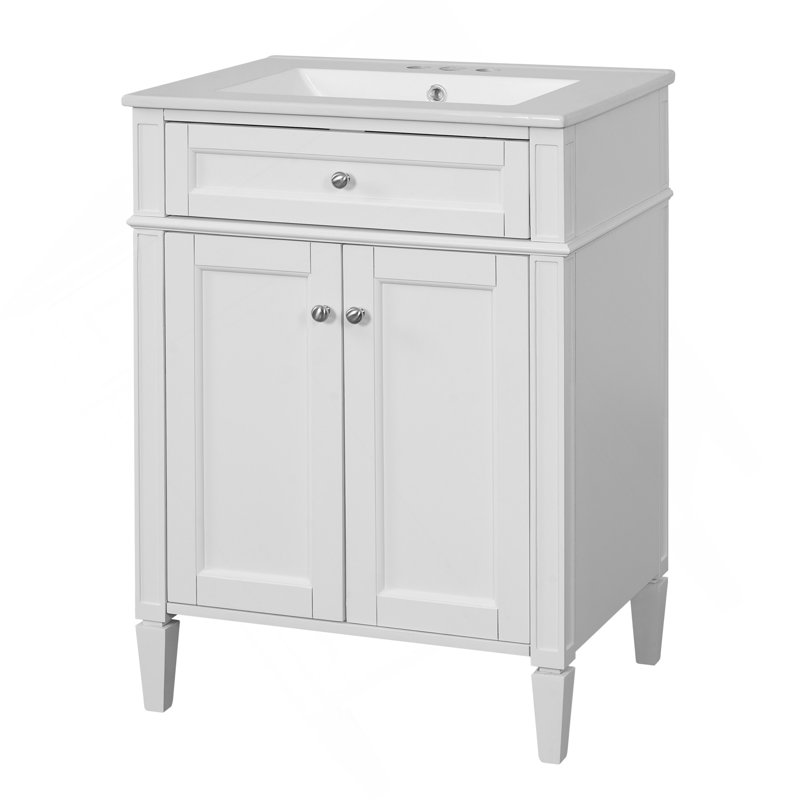 Meuble-lavabo 24 po avec 2 portes et tiroir escamotable, armoire de rangement de salle de bain avec lavabo, portes à fermeture en douceur avec organisateurs