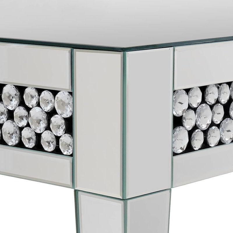 Silver Mirrored Rectangular Coffee Table with Crystal Diamond Inlay