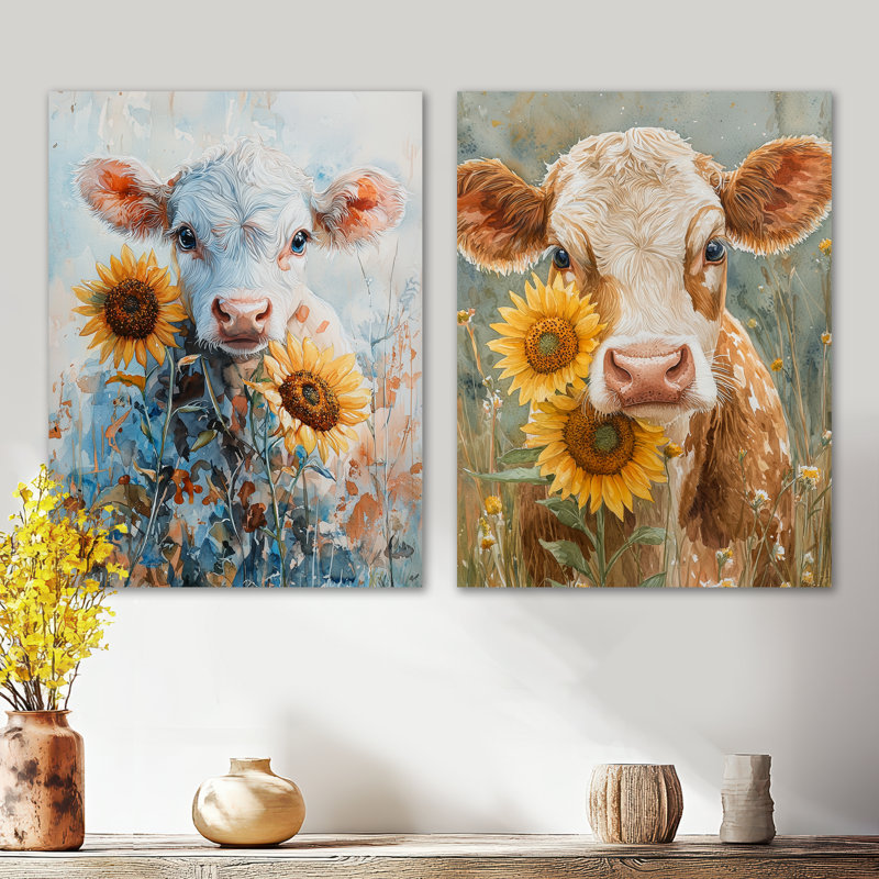 Vache peignant avec pivoines V - ferme jaune, ensemble de 2 reproductions murales en métal, 32" H x 48" W