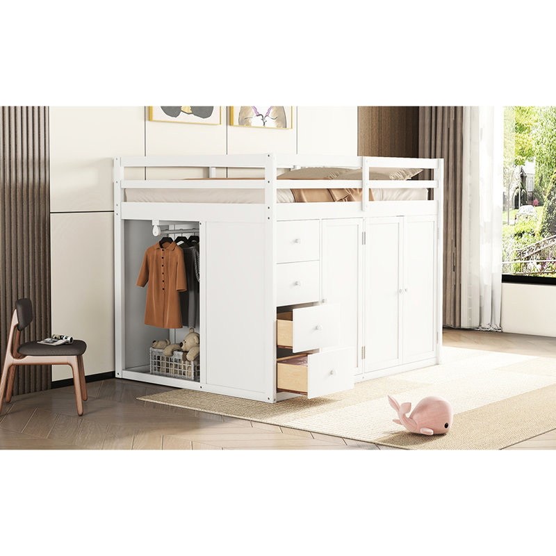 Lit mezzanine double en blanc avec rangement polyvalent - garde-robes, armoires, tiroirs pour une polyvalence de garde-robe intégrée
