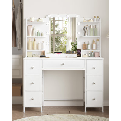 Dressing Table with Mirror, Vanity Desk with 3-Color LED Lights Adjustable Brightness, 7 Fabric Drawers, 6-Layer Shelves, Modern Makeup Vanity Table for Bedroom, White 