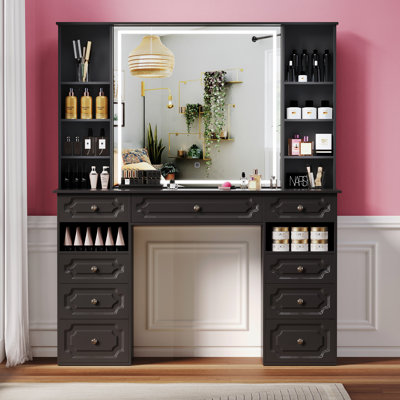 Bureau de maquillage avec miroir éclairé, coiffeuse avec 9 tiroirs et armoires, grande coiffeuse à miroir, luminaire réglable, tablettes de rangement et tabouret pour la chambre à coucher, l 47 po (noir-b)
