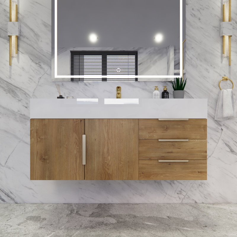 Ensemble de meuble-lavabo simple mural 48 po Glasgow, Blanc brillant, Chêne