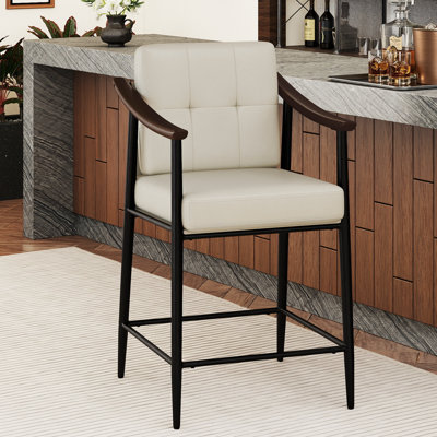 26-inch Medieval Style Bar Stool, Wooden Armrests, Sturdy Thickened Metal Frame, Classic High Stool