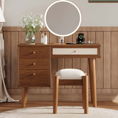 39" Retro Bohemian Style Wooden Makeup Vanity Set With Charging Plug&USB Port And Stool,Dressing Table With 3 Storage Drawers And 1 Rectangular Rattan Drawer