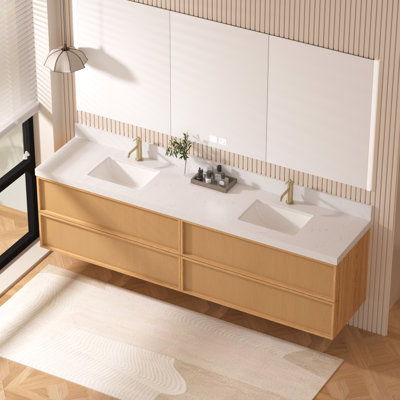 84 Inch Modern Floating Bathroom Vanity with Engineered Marble Top and Undermount Double Sink, Rattan Texture Design
