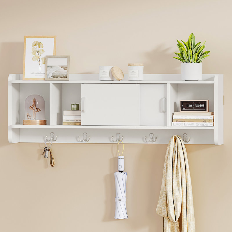 Coat Hooks Wall Mounted, Coat Rack with Shelf, 4 Storage Compartment, 5 Hooks, Multifunctional Wall Rack with Sliding Door for Hallway, Bedroom, Living Room, 15 x 101 x 33 cm, White