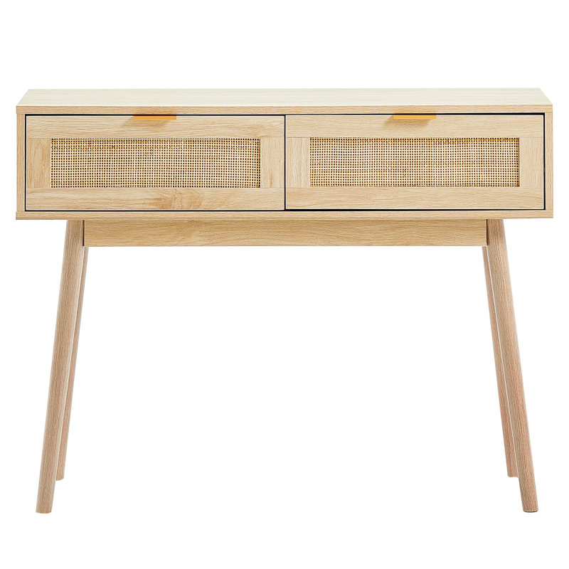 Natural Oak and Rattan Console Table with Storage Drawers