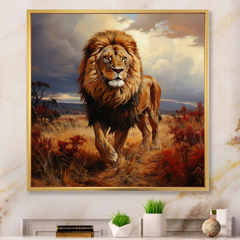 Décoration murale lion d'Afrique, Savannah I, Cadre flottant doré, H 30 po x l 30 po x P 1,5 po