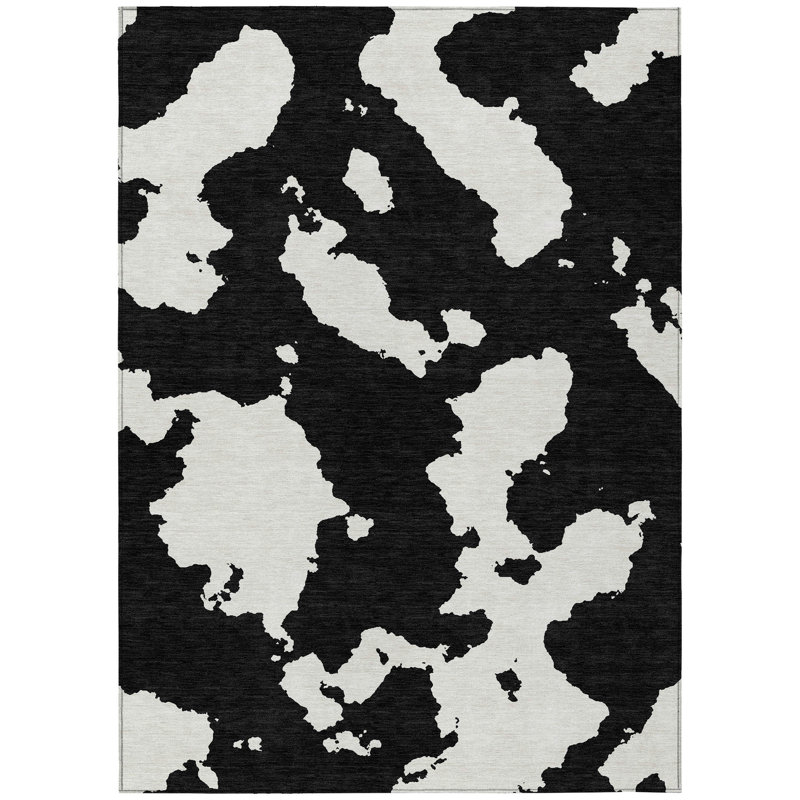 Tapis intérieur lavable abstrait noir et ivoire 9 pi x 12 pi