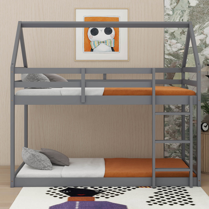 Arja Twin Over Twin Bunk Bed, Rubber Wood House Bed Frame, Gray